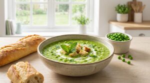 Deze snelle erwtensoep met doperwten smaakt vol en staat in 20 minuten op tafel